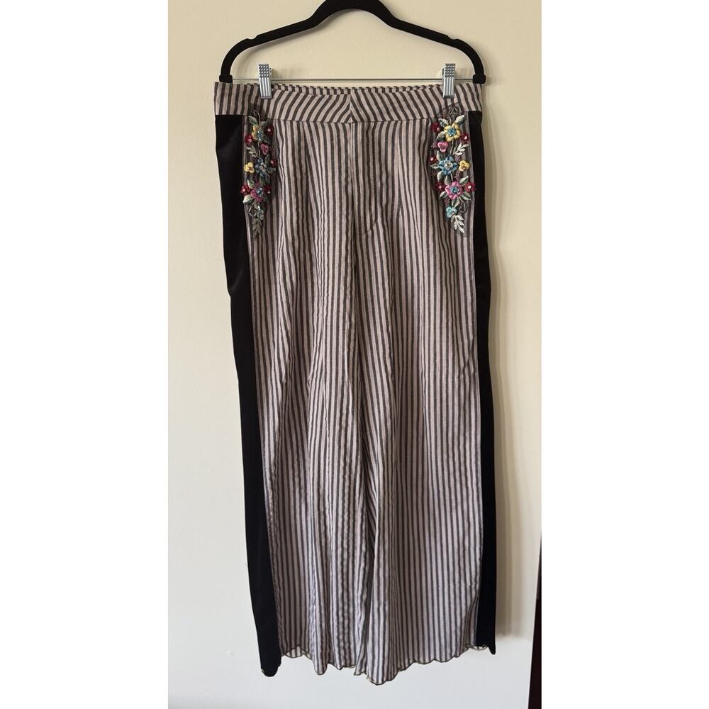 Aratta Silent Journey Wide Leg Linen Striped Pants Velvet Embroidered Flowers L